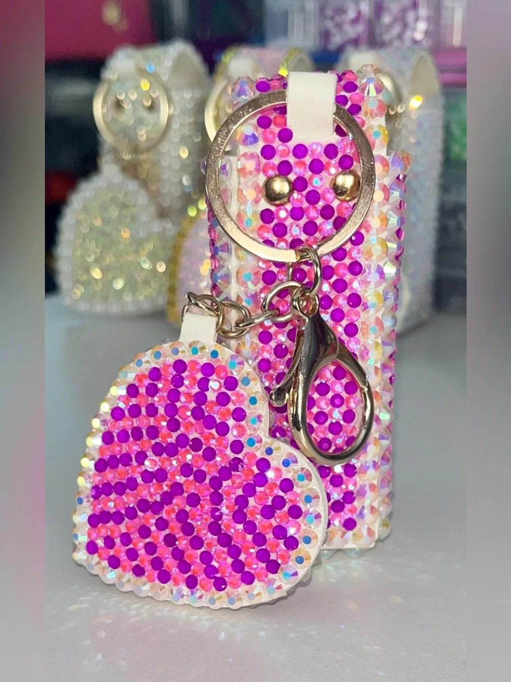 Hand Crafted Barbie Core Iridescent Crystal Lipstick Case and Mirror Keychain